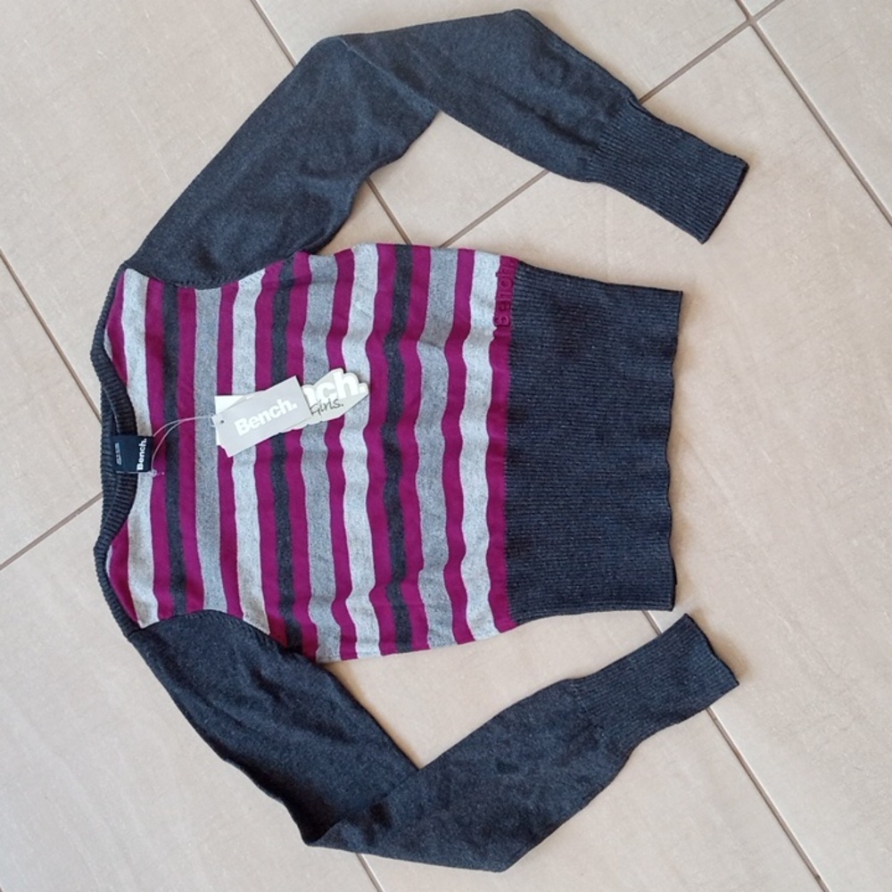 Bench Girl's Striped Crew Neck Sweater - Gray and Pink